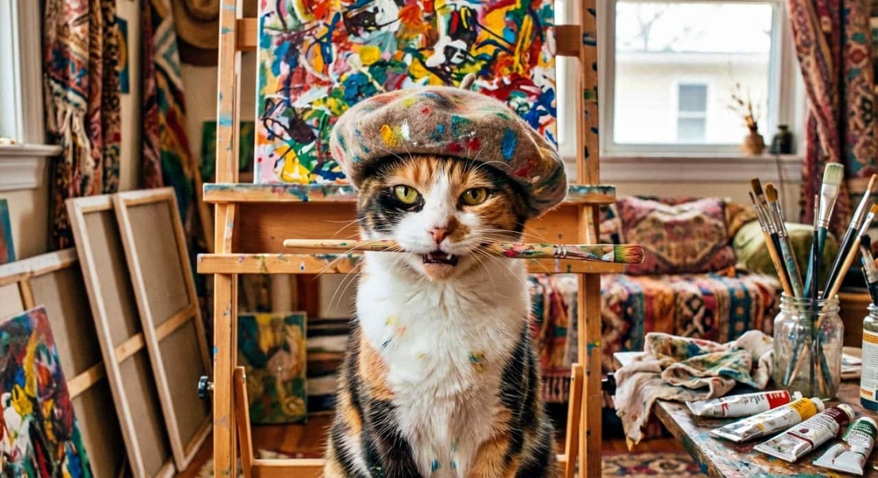 A photorealistic image of an artistic Calico cat wearing a paint-splattered beret, holding a paintbrush in its mouth. The cat sits before an easel with a colorful abstract painting in a messy, bohemian-style art studio filled with paints and brushes.