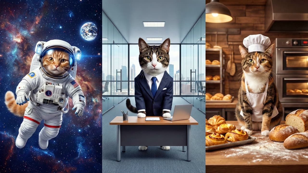 A banner image featuring three cats dressed in professional uniforms: an astronaut, a business executive, and a baker, representing the Cats with Jobs AI image prompt collection.