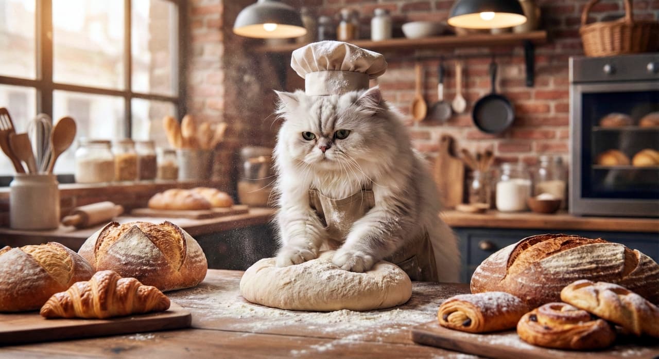 A photorealistic image of a fluffy white Persian cat dressed as a baker, wearing a small chef's hat and a flour-dusted apron. The cat is kneading dough on a wooden counter in a rustic bakery, surrounded by freshly baked bread and pastries, looking serious and focused under warm lighting.