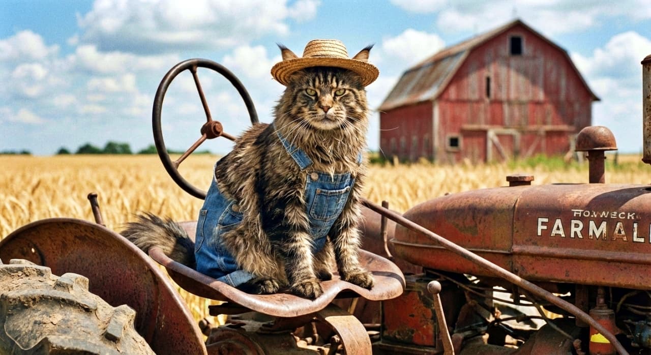 A photorealistic image of a rugged Maine Coon cat dressed as a farmer in denim overalls and a straw hat. The cat sits proudly on the seat of an old rusty tractor, with a golden wheat field and a classic red barn in the background under a sunny sky, capturing a rural Americana vibe.