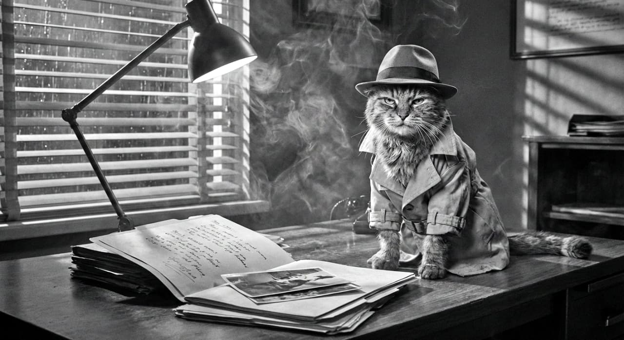 A black and white photo in a 1940s film noir style featuring a grumpy tomcat dressed as a private detective in a trench coat and fedora. The cat sits on a desk in a smoky, dimly lit office with rain streaking the window blinds behind, looking serious amidst case files and scattered photos.