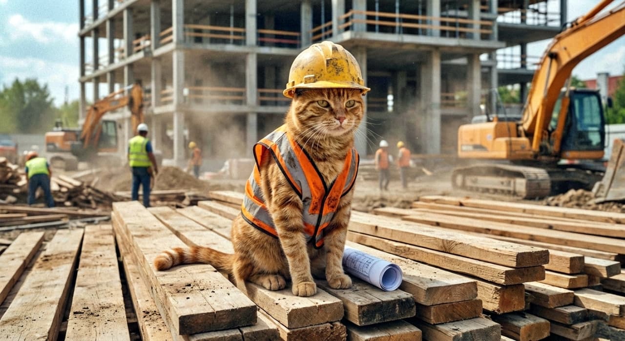 A photorealistic image of an orange tabby cat sitting on a pile of lumber at a busy construction site. Wearing a weathered hard hat and an orange safety vest, the cat looks to the side with a blueprint lying next to its paws, exuding the vibe of a seasoned site supervisor.