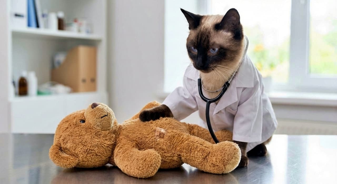 A photorealistic image of a wise-looking Siamese cat dressed as a doctor in a small white coat with a stethoscope around its neck. The cat is standing on a stainless steel examination table in a bright clinic, gently placing a paw on a teddy bear patient to examine it.