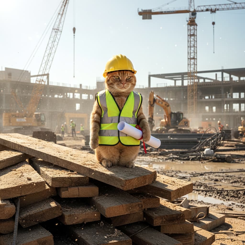 An orange tabby cat standing upright on lumber at a construction site, holding a rolled-up blueprint scroll in one paw. Dressed in a yellow hard hat and a high-visibility yellow vest, the cat stares directly at the camera with a professional, authoritative expression.