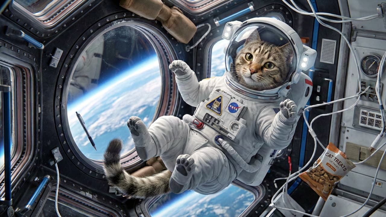 A highly detailed sci-fi image of an adventurous tabby cat wearing a custom white NASA astronaut suit with a clear helmet, floating in zero gravity inside a spaceship cabin. The curve of Earth is visible through a porthole window, while a bag of "Cat Treats" and a pen float alongside the feline astronaut.