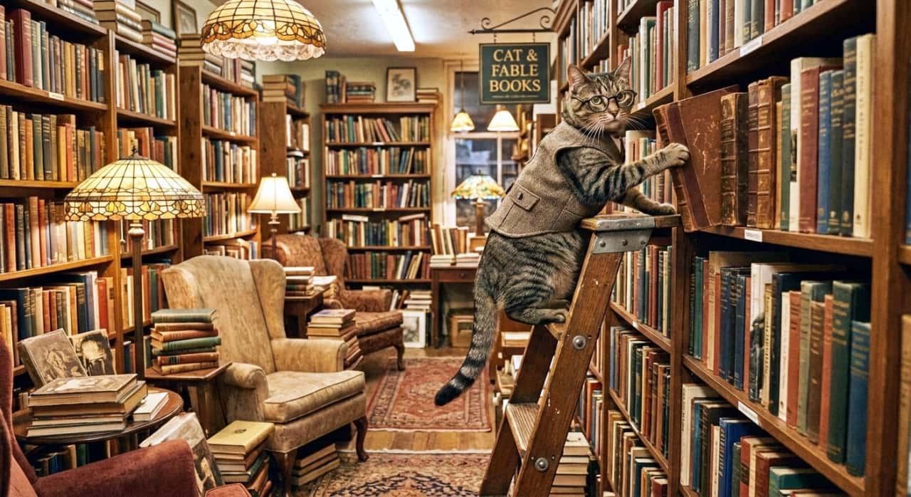 A photorealistic image of a bespectacled tabby cat wearing a tweed vest, perched on a rolling wooden ladder in a cluttered, cozy old bookstore. Under warm lamplight, the cat appears to be shelving an old book, surrounded by shelves packed with books from floor to ceiling.