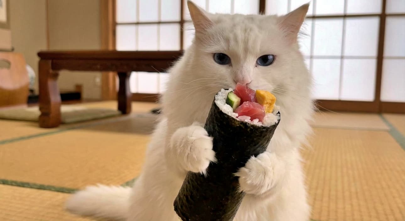 An AI-generated action shot of a tabby cat jumping to catch roasted soybeans during the Setsubun festival.