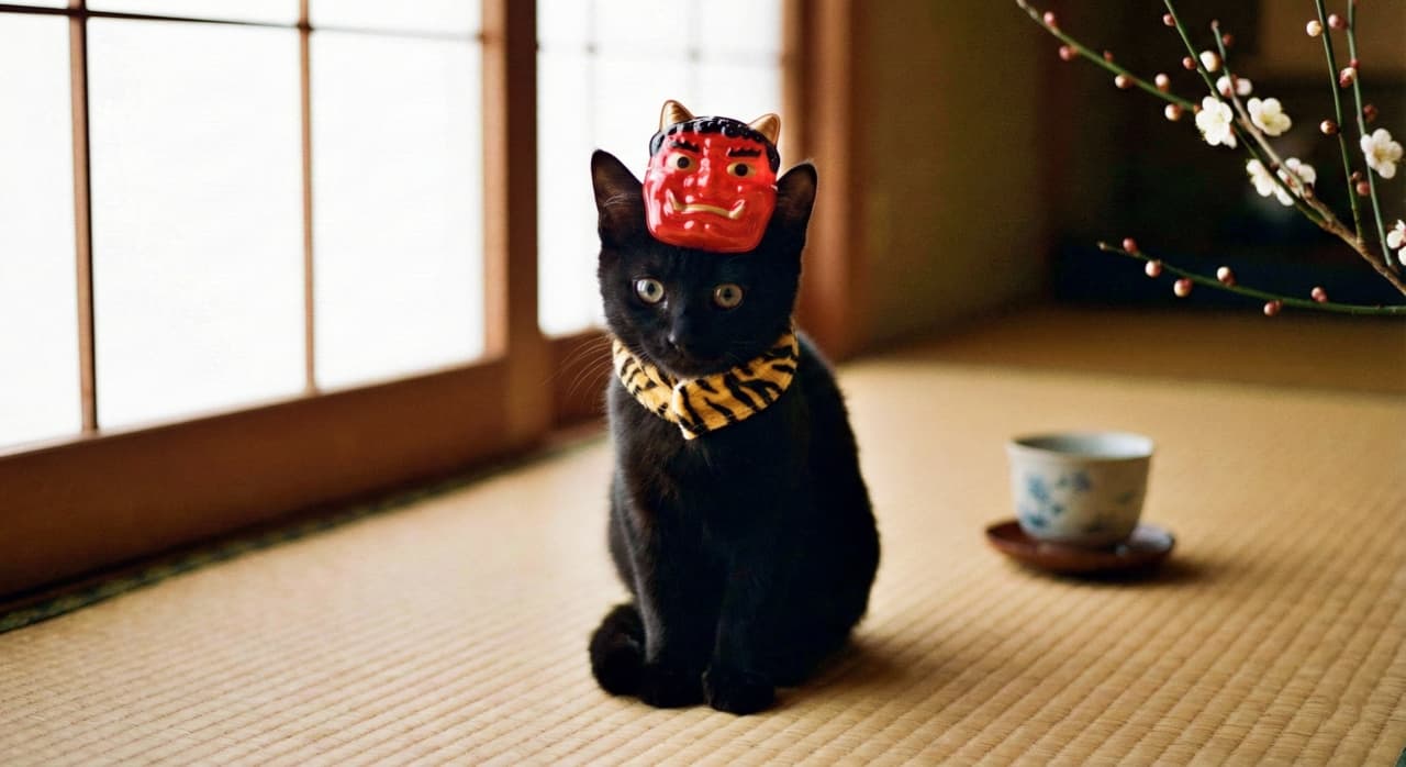 An AI-generated image of a black cat wearing a Japanese red demon mask as a hat and a tiger-pattern scarf.