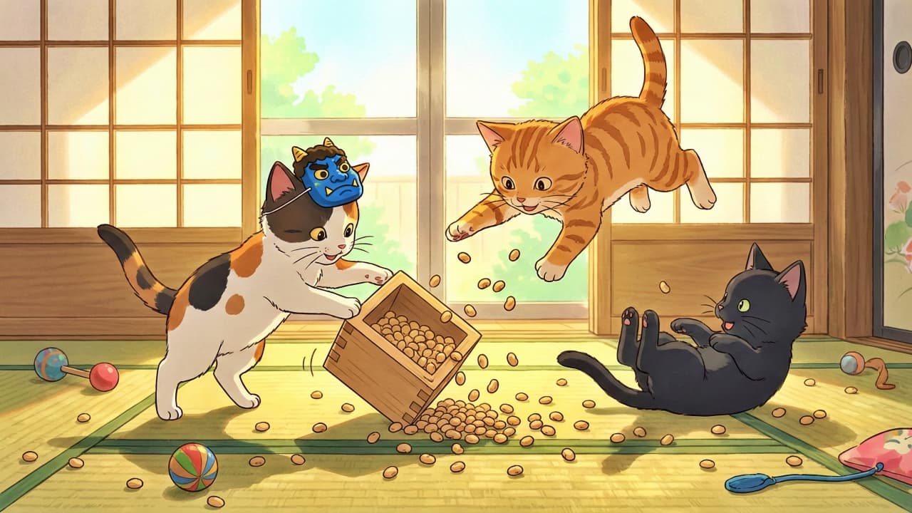 An AI-generated illustration of three kittens playing with a Japanese demon mask and roasted soybeans.