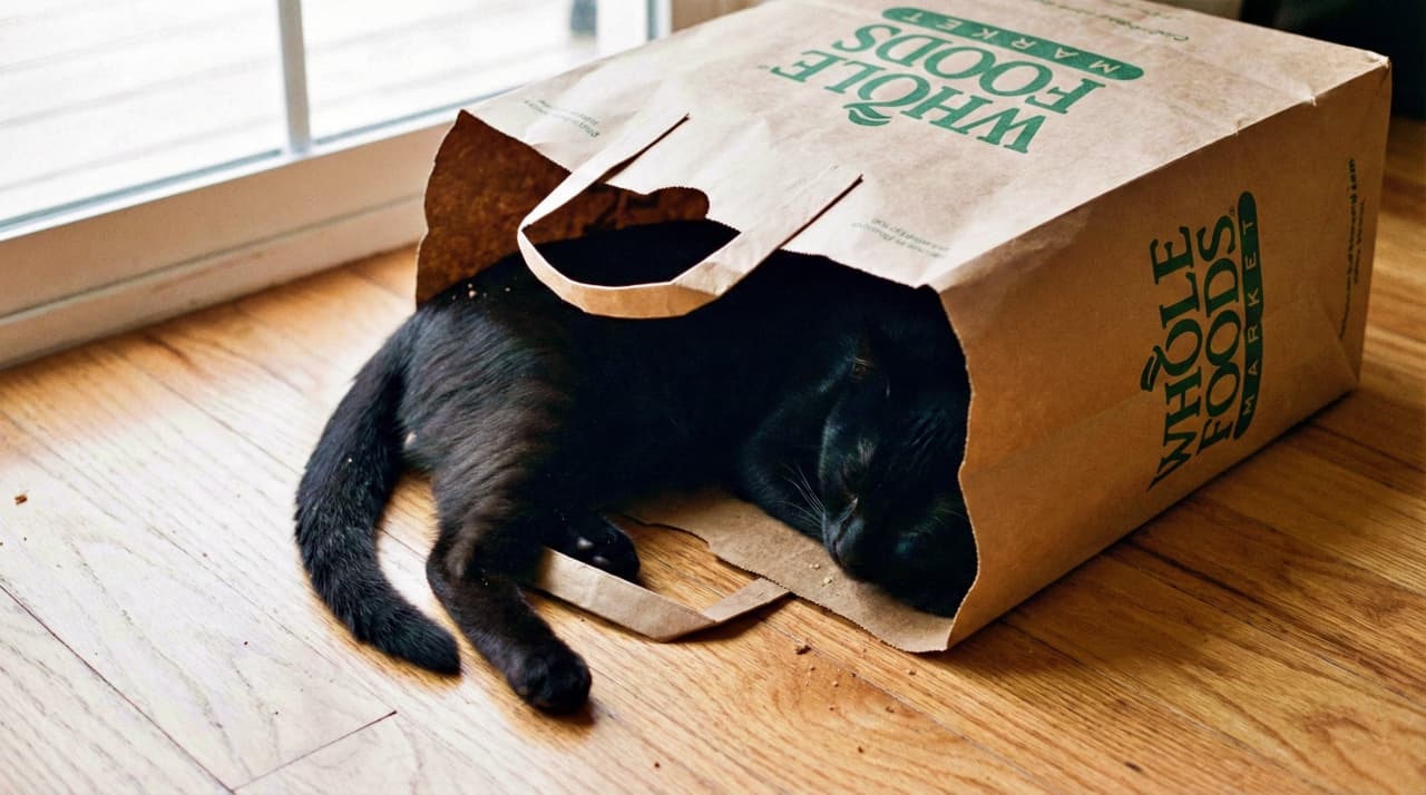 A black Bombay kitten sleeping comfortably inside a brown paper bag with the "Whole Foods Market" logo lying on a wooden floor. The cat's tail extends out of the bag.