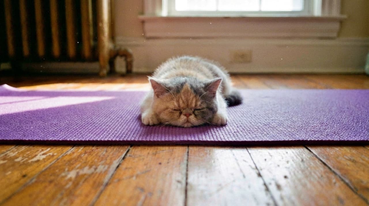 An Exotic Shorthair kitten sleeping completely flat on a purple yoga mat in a sunlit room. The kitten appears relaxed and melted into the mat.