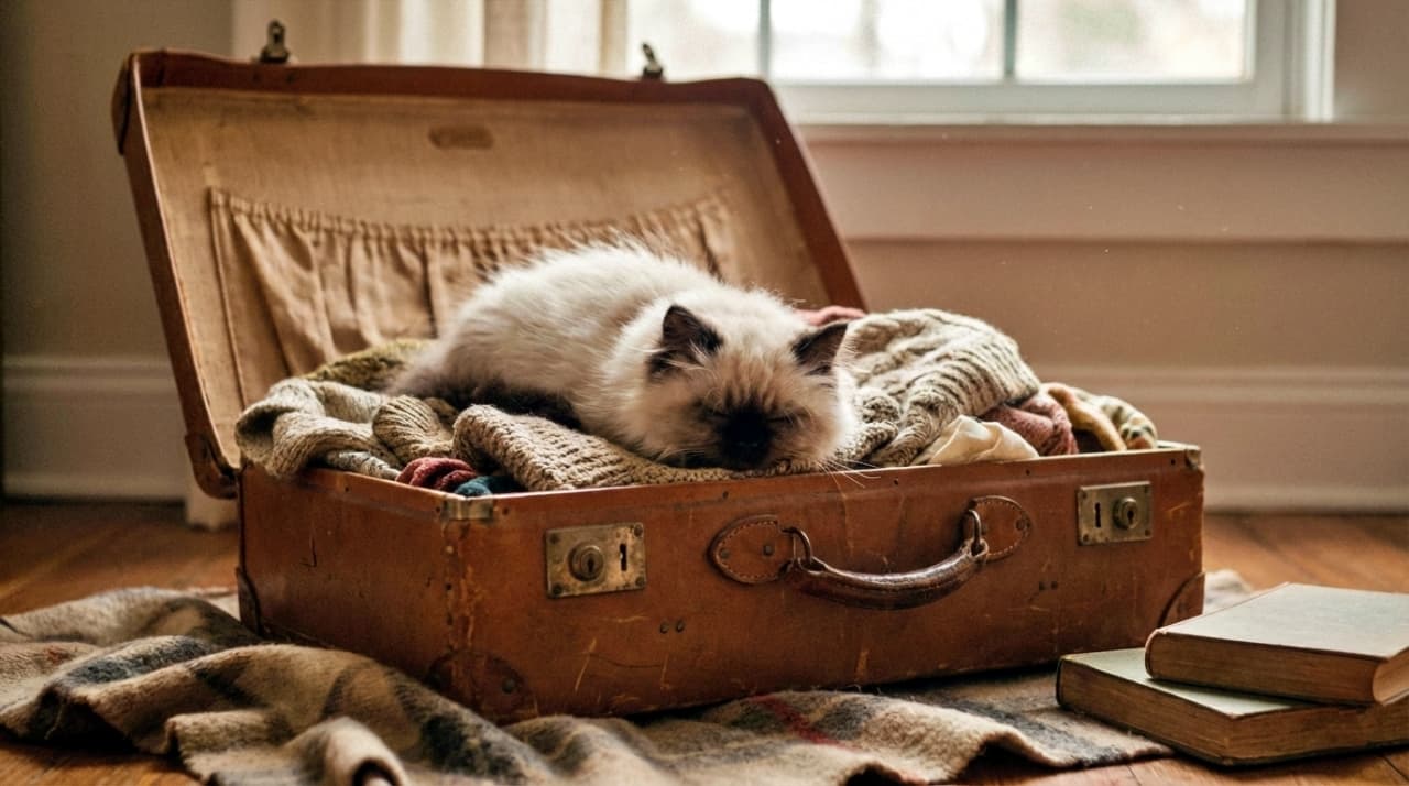 A fluffy Himalayan kitten (cream body, dark face) sleeping comfortably on top of knitted clothes inside an open vintage brown leather suitcase placed on a wooden floor.