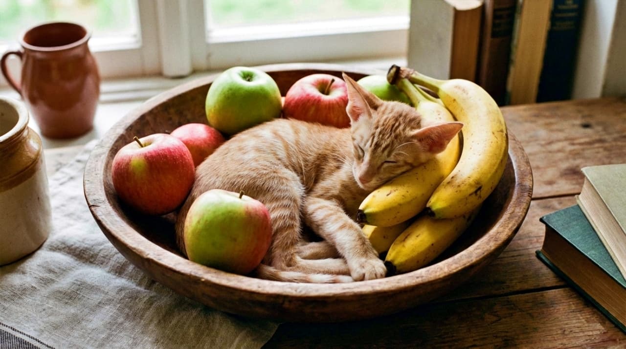 A ginger Oriental Shorthair kitten sleeping curled up inside a wooden fruit bowl filled with red apples and yellow bananas on a table near a window. The kitten blends in with the fruit.