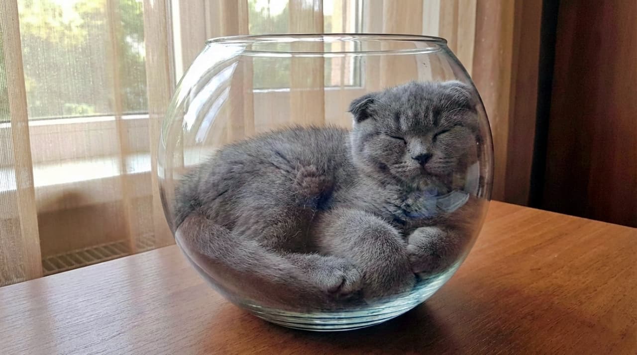 A grey Scottish Fold kitten sleeping curled up tightly inside an empty round glass fish bowl on a table. The kitten fills the bowl like liquid.
