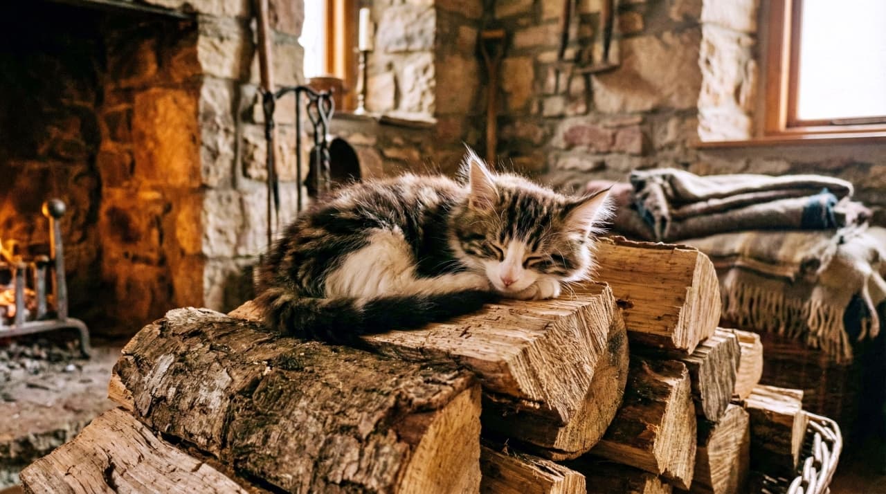 Fluffy Norwegian Forest Cat kitten sleeping soundly on top of a pile of firewood logs inside a rustic room with a stone fireplace in the background.