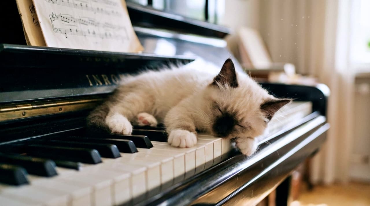 A Birman kitten (with white paws) sleeping soundly on the keys of a black piano. Sheet music is visible on the stand in the background.
