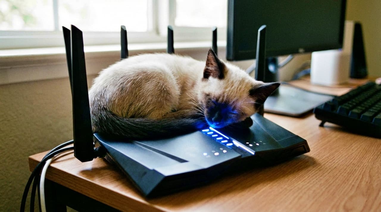 A Siamese kitten sleeping curled up on top of a black Wi-Fi router on a wooden desk, seeking warmth. Blue indicator lights are glowing on the device.