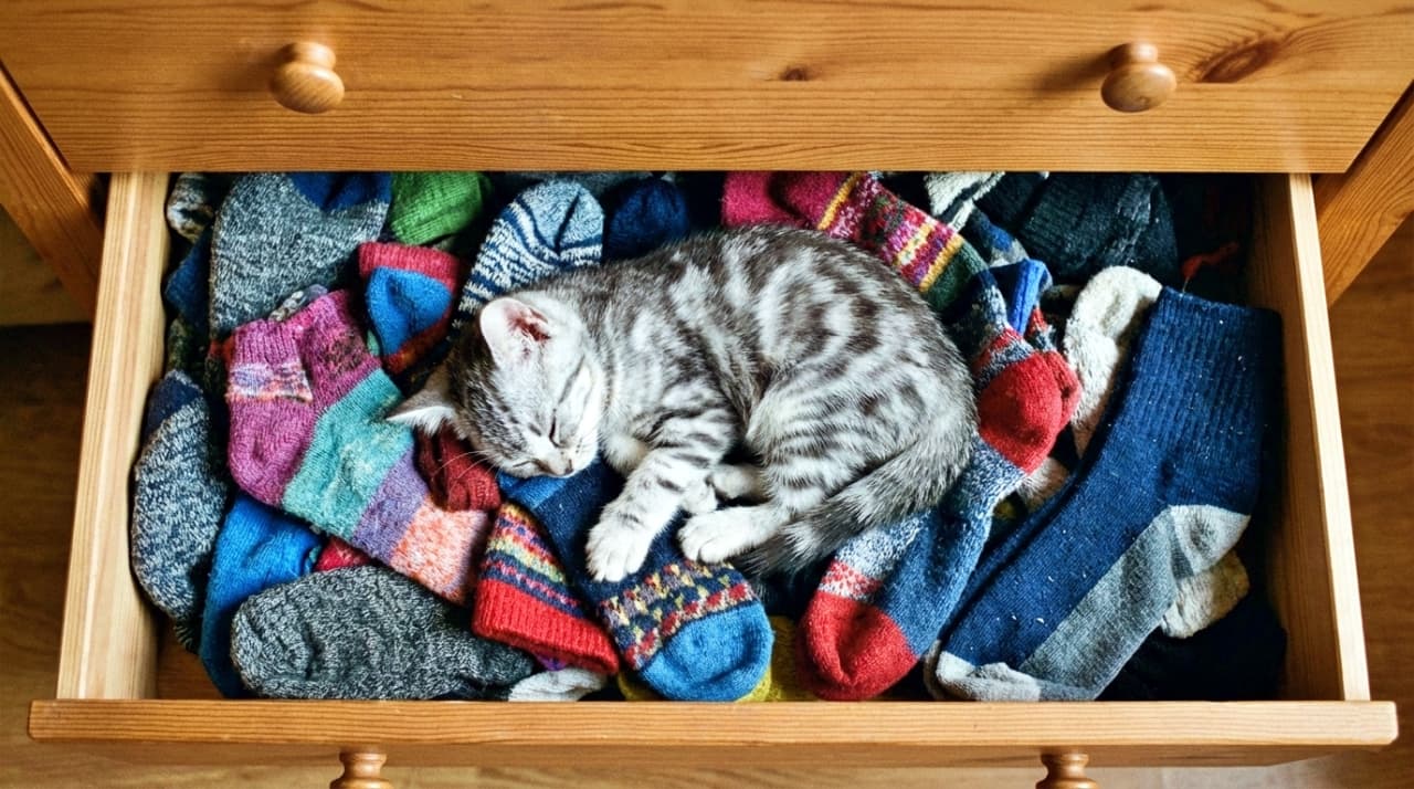 Top-down view of a silver American Shorthair kitten kitten curled up asleep inside an open wooden drawer filled with colorful wool socks.