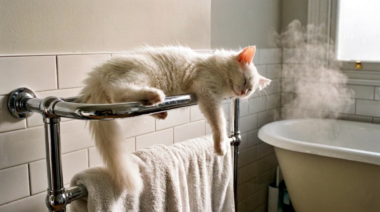 A white Turkish Angora kitten sleeping precariously balanced on a metal towel rail in a bathroom, with its legs dangling down. Steam or soft light fills the background.