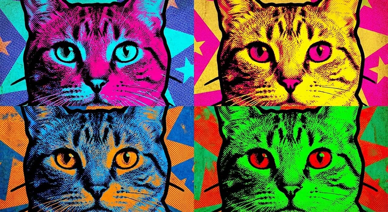 Four-panel pop art illustration of a cat's face in the style of Andy Warhol, featuring bright contrasting colors like hot pink, cyan, and yellow, with halftone dot patterns and bold black outlines.