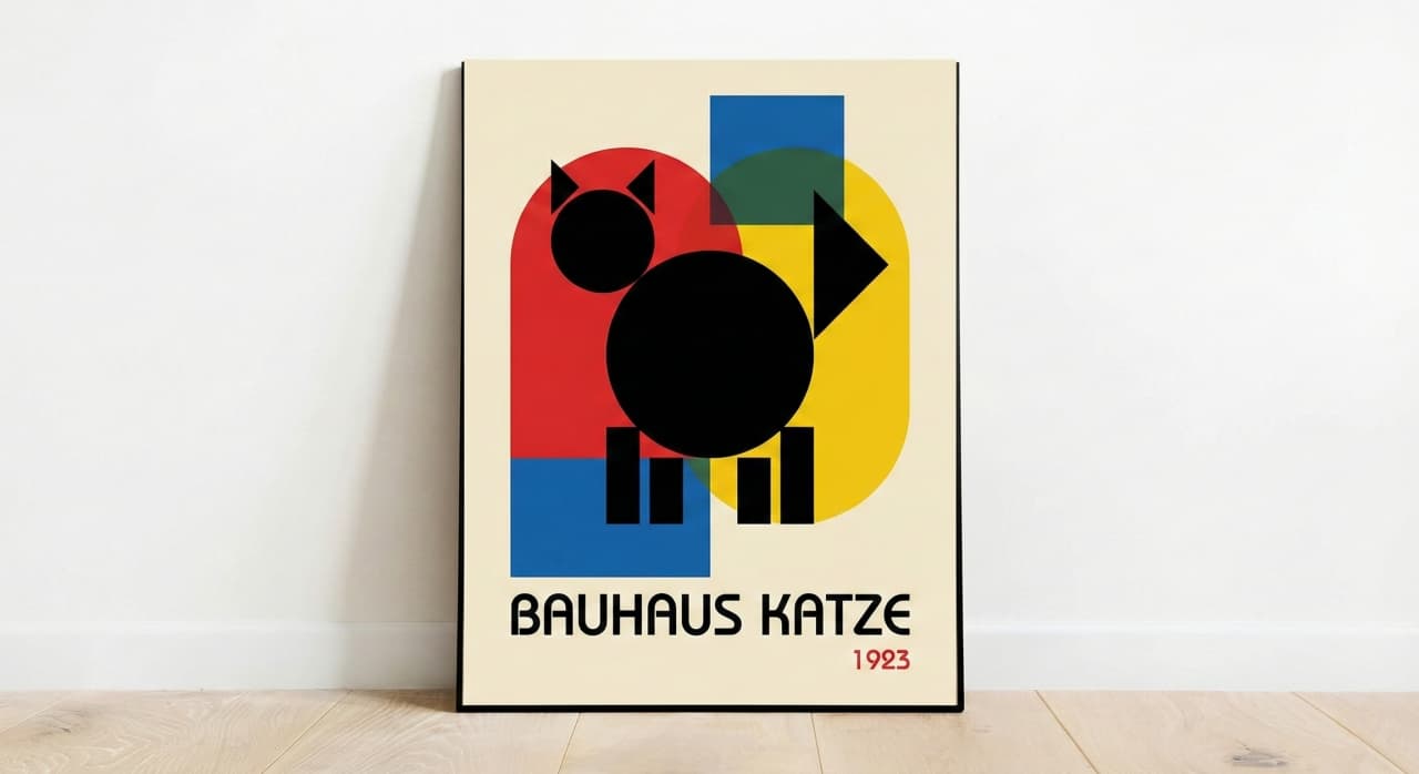 Minimalist Bauhaus style poster featuring a black cat silhouette composed of simple geometric circles and triangles. The design uses primary colors of red, blue, and yellow against a cream background, with the text "BAUHAUS KATZE 1923" at the bottom.