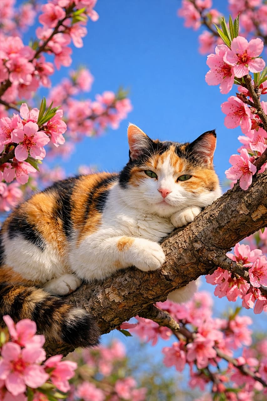 A calico cat resting comfortably on a tree branch surrounded by blooming pink peach blossoms under a clear blue spring sky. / An AI-generated photo of a calico cat resting in a blooming pink peach tree.