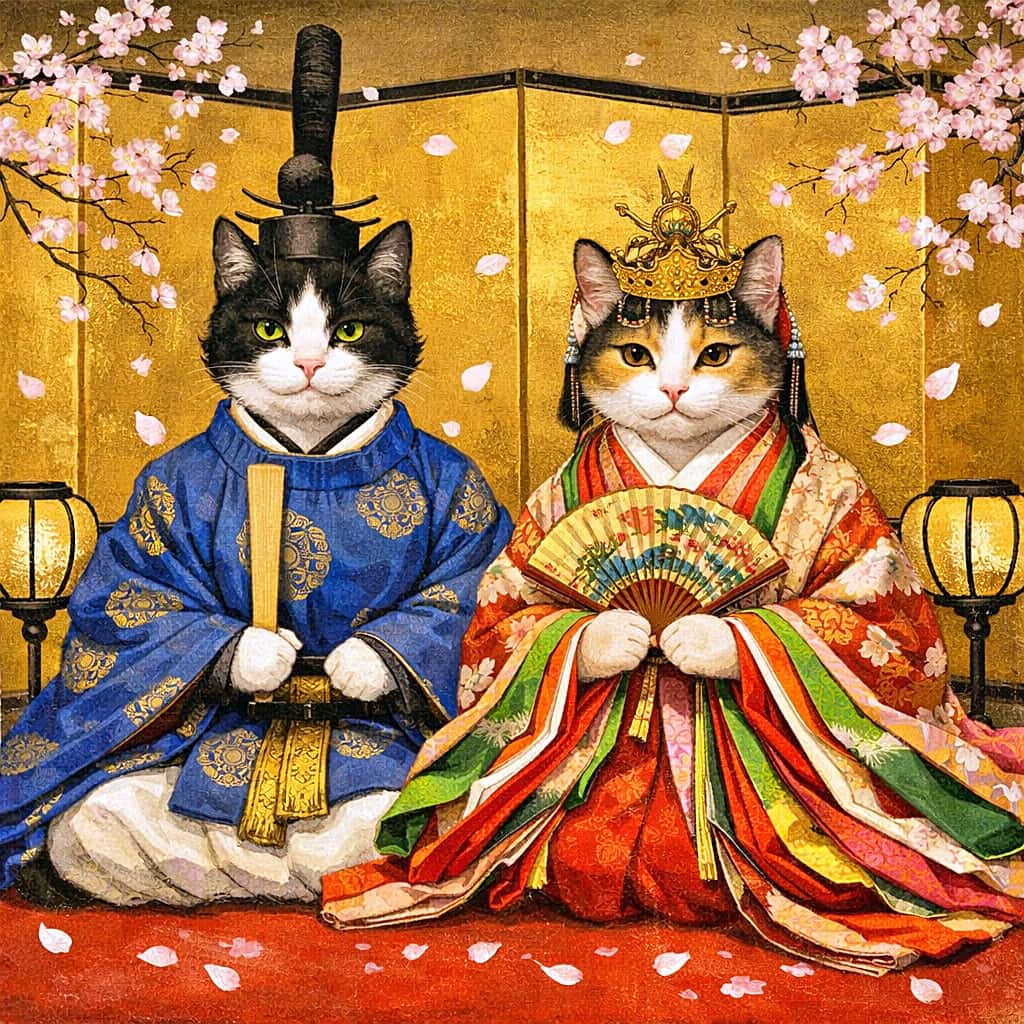 Two cats dressed as the Japanese Emperor and Empress in Heian-period court costumes, sitting side by side on a red carpet with a golden folding screen and falling cherry blossom petals. / An AI-generated image of two cats dressed as the Japanese Emperor and Empress for the Hina Matsuri festival.