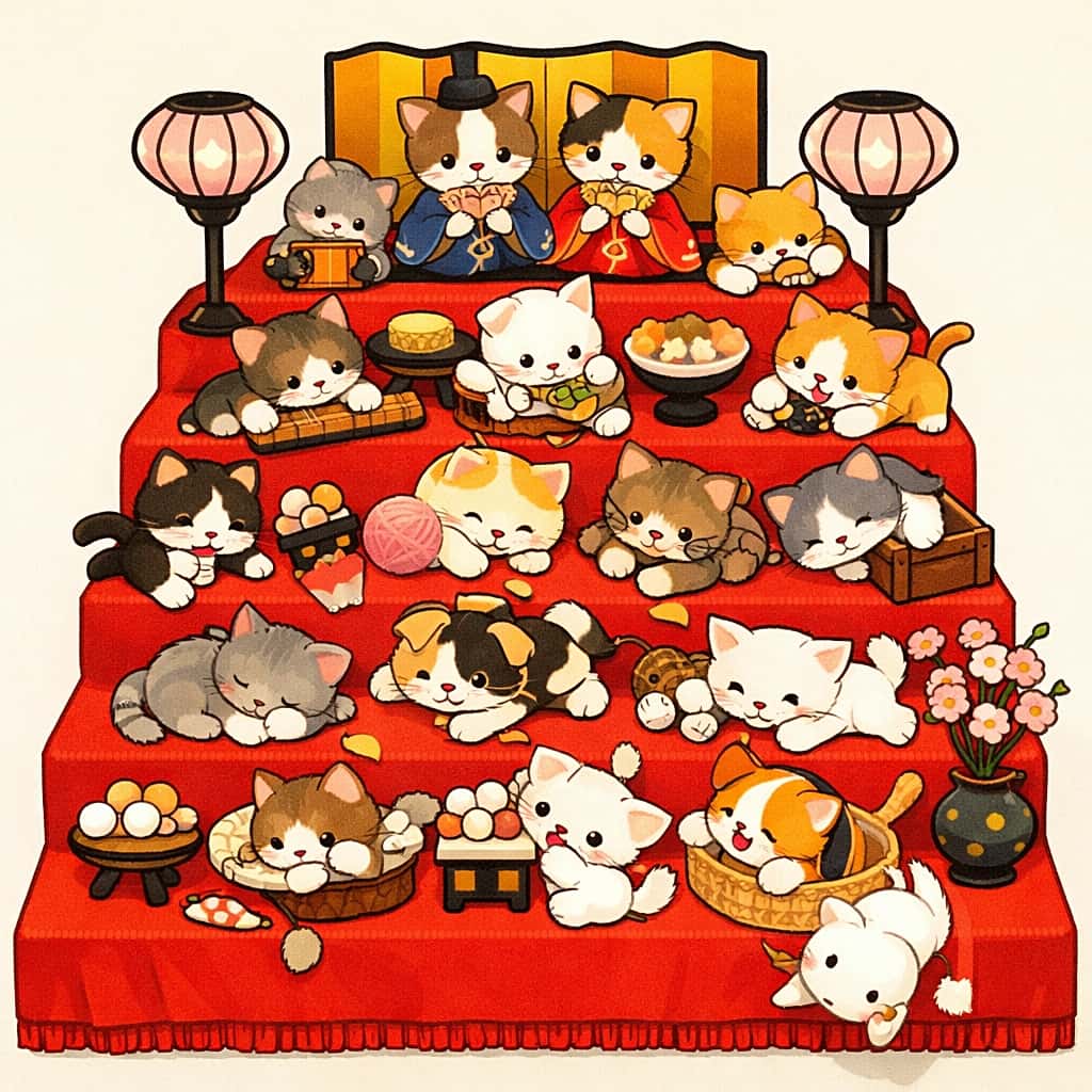 A cute illustration of a traditional Japanese red Hina-dan display filled with many playful kittens instead of dolls, some sleeping and some playing, with bright red felt and bonbori lanterns on both sides. / An AI-generated image of many kittens playing on a traditional red Hina Matsuri display stand.