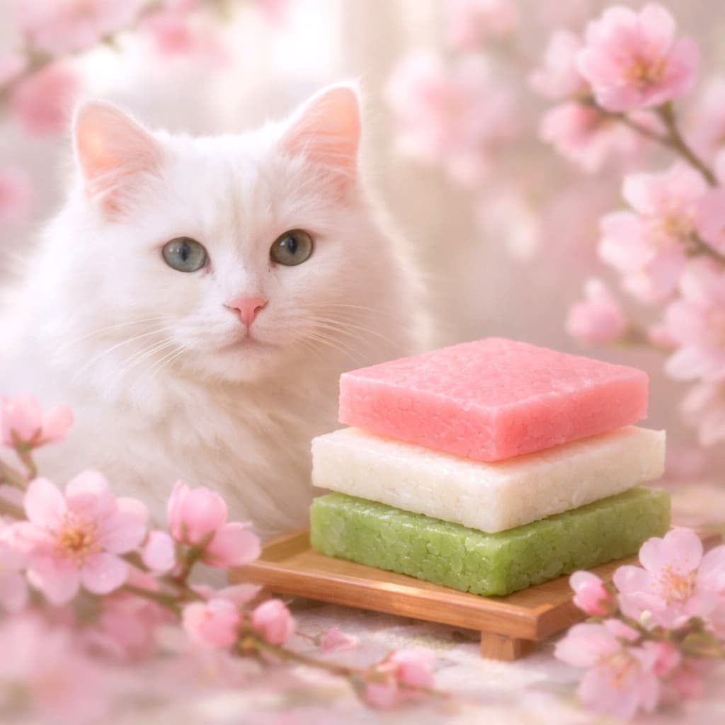 A soft-focus photograph of a beautiful white cat sitting beside stacked diamond-shaped Hishimochi rice cakes, surrounded by pink peach blossoms in a dreamy pastel atmosphere. / An AI-generated image of a white cat sitting with Hishimochi rice cakes and peach blossoms.