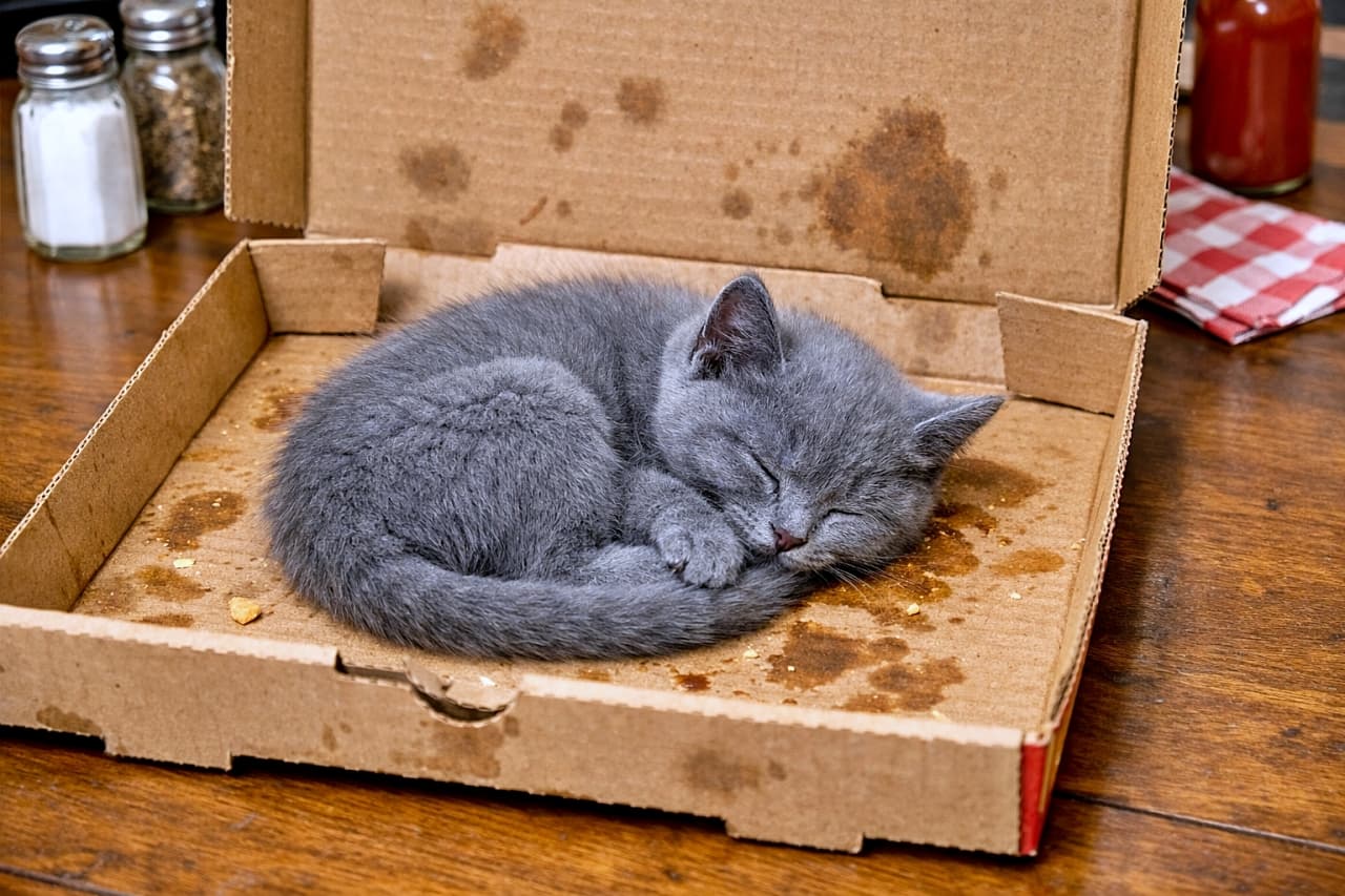 A funny realistic photo of a blue-grey Chartreux kitten curled up asleep inside an open grease-stained cardboard pizza box on a wooden table