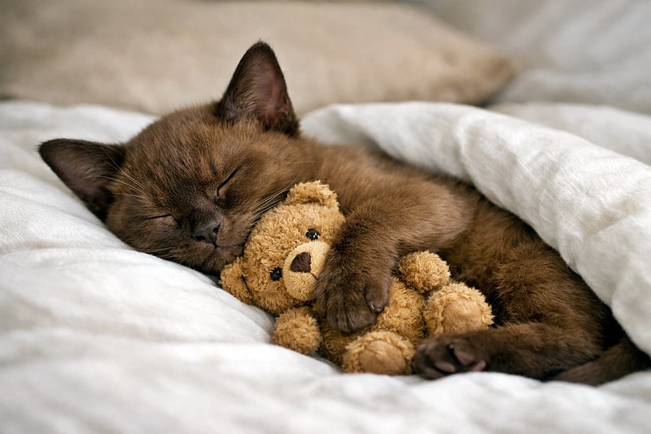 A chocolate Burmese kitten sleeping peacefully on a bed while hugging a small brown teddy bear with its front paw