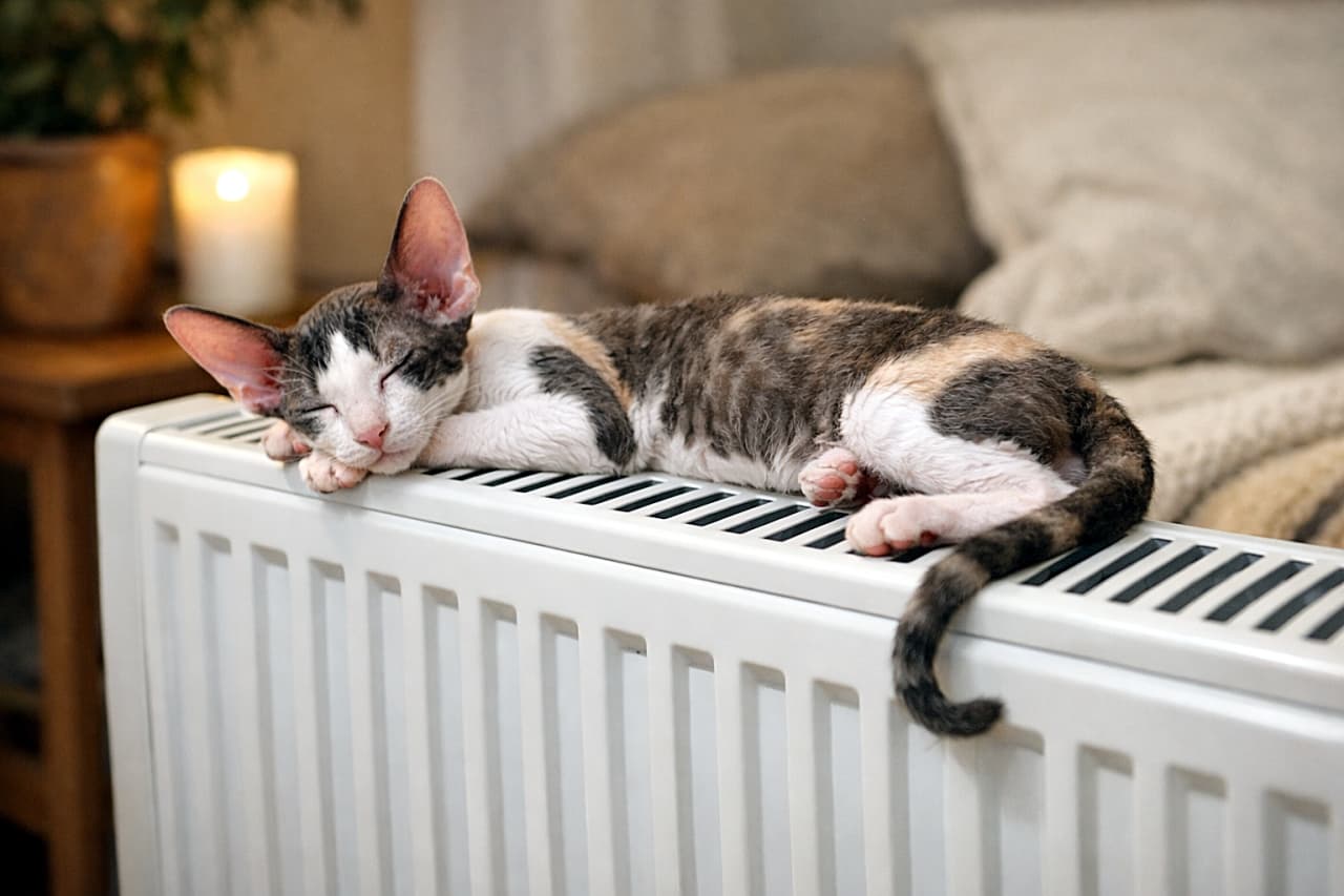 A slender Cornish Rex kitten sleeping peacefully on top of a white home radiator heater in a cozy indoor setting.