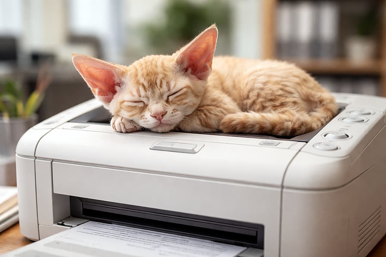 Close-up of a Devon Rex kitten with large ears and a wavy coat sleeping peacefully on top of a warm white office laser printer in a bright office setting