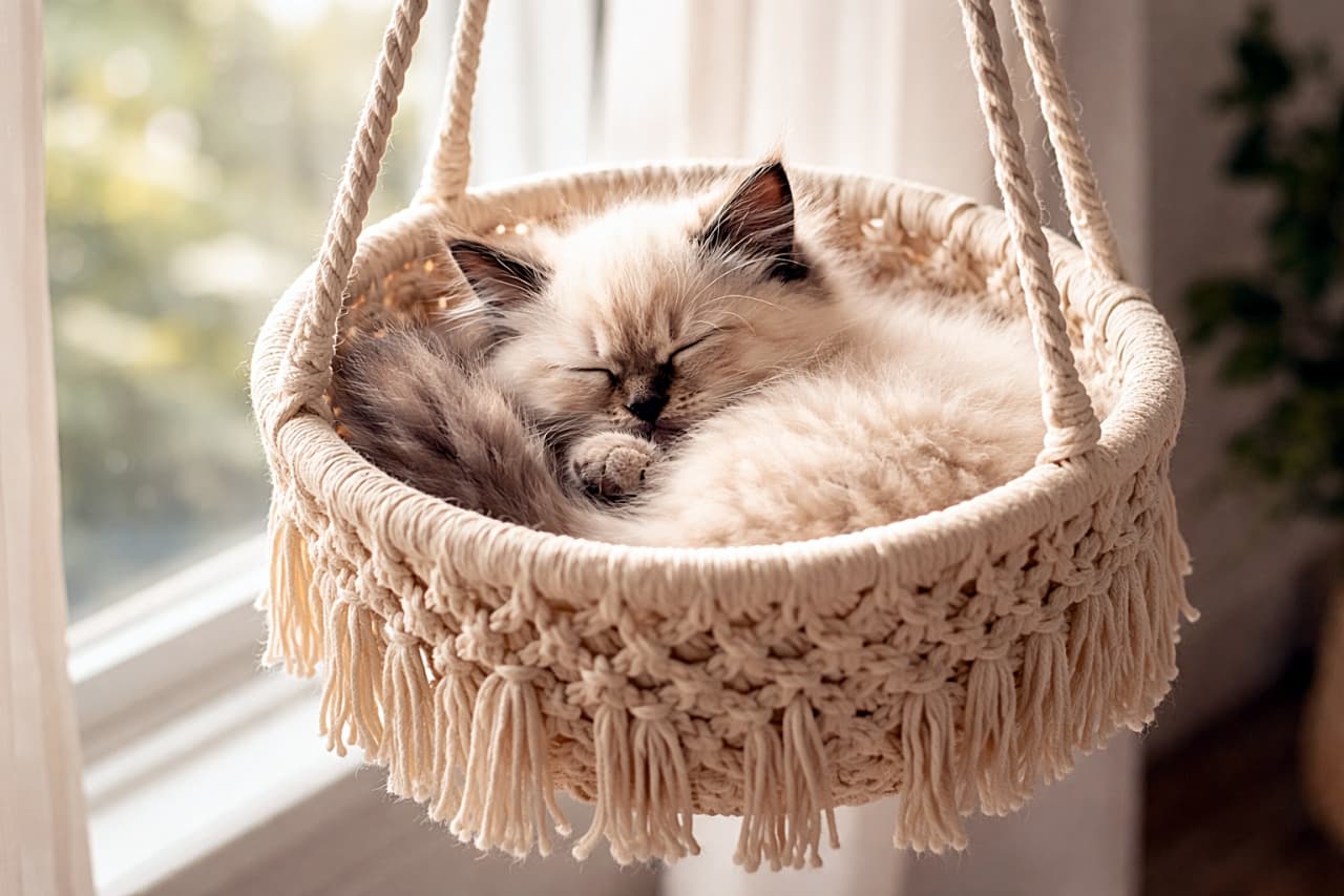 A fluffy Balinese kitten sleeping curled up inside a beige macramé hanging planter basket by a sunny window