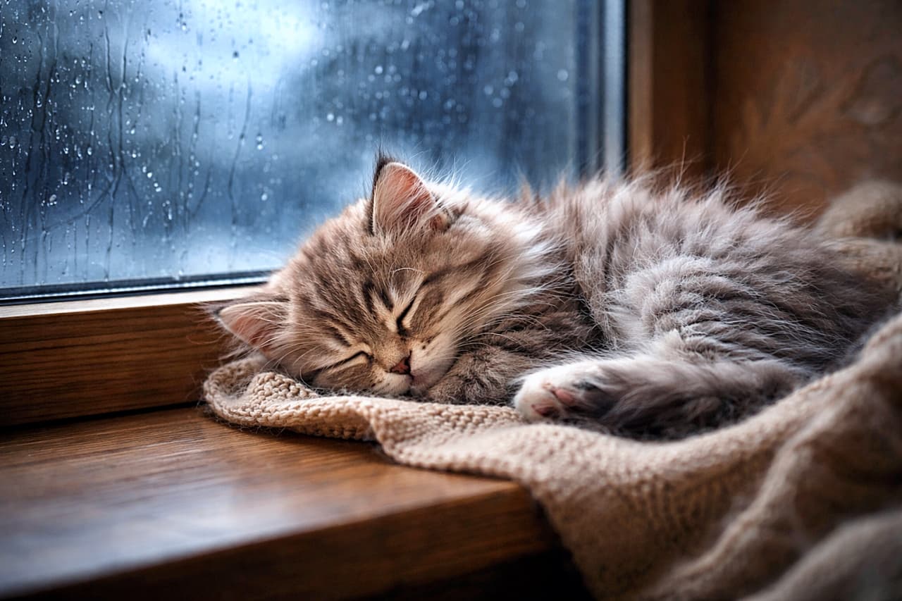 A fluffy Siberian kitten sleeping peacefully on a window sill, with blue rain streaks on the glass and a grey cloudy sky outside creating a cozy, moody atmosphere.