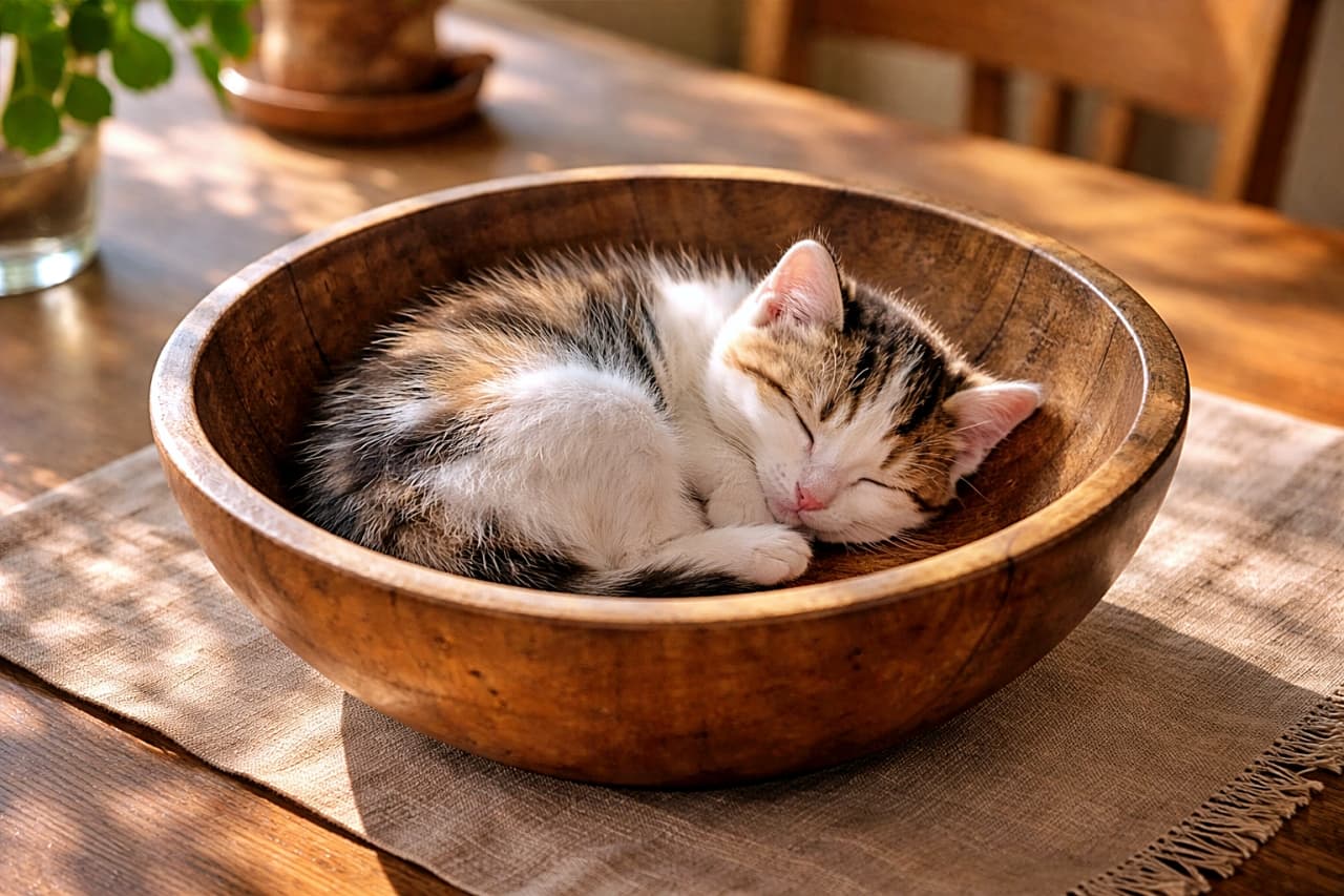 A tailless Manx kitten curled up asleep inside a rustic wooden salad bowl on a sunlit dining table
