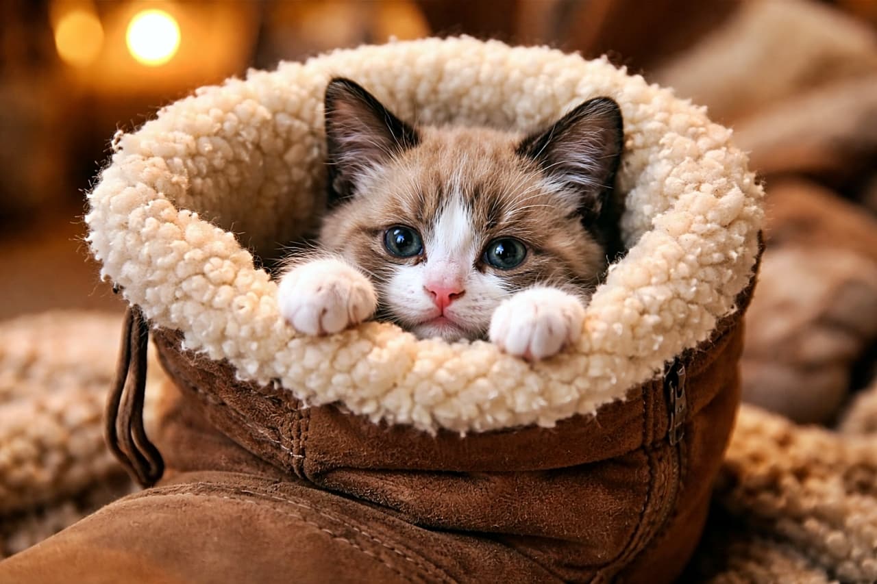 A cute Snowshoe kitten with white paws peeking out from inside a fuzzy, sheepskin-lined brown winter boot under warm cozy lighting.