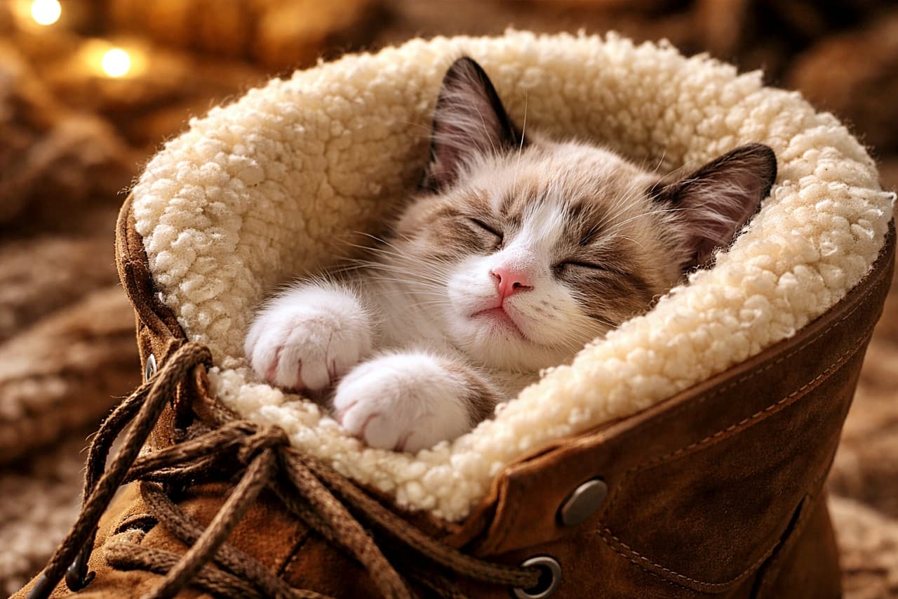 A cute Snowshoe kitten sleeping peacefully inside a fuzzy sheepskin-lined brown winter boot in warm cozy lighting