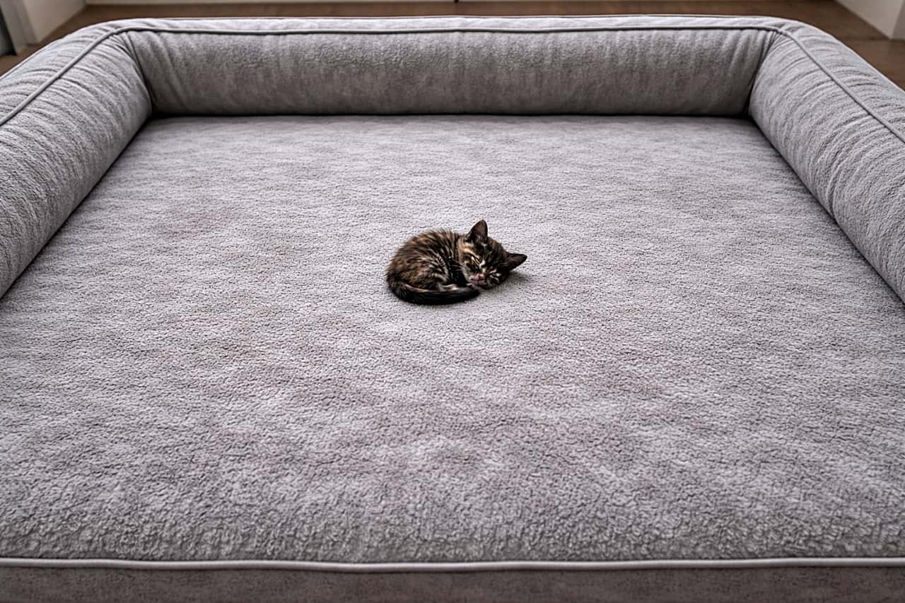 A tiny tortoiseshell kitten sleeping peacefully in the center of a large gray orthopedic dog bed in a wide shot