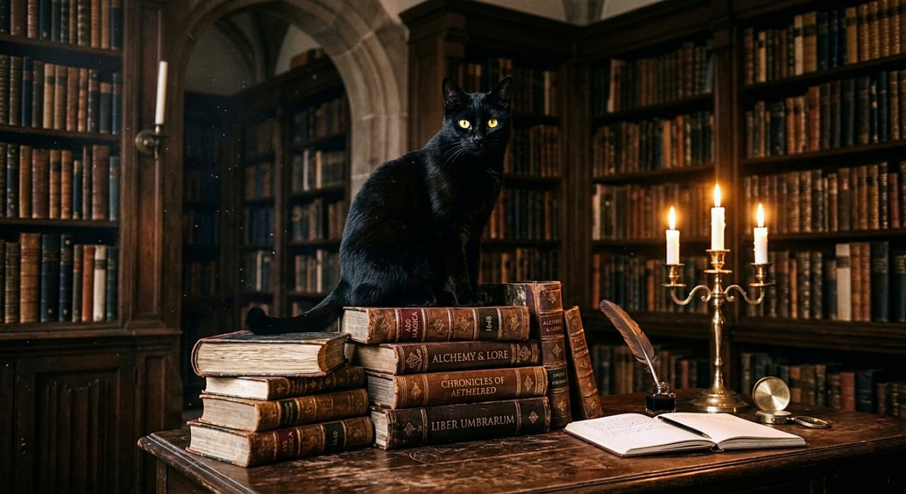 A striking black cat with yellow eyes is perched upon a stack of ancient, leather-bound books, including titles like "ALCHEMY & LORE" and "LIBER UMBRARUM", on a dark wooden desk in a historic library. The scene is illuminated by a warm glow from a brass candelabra with three lit candles. Also on the desk are a quill with an inkwell, an open notebook, and a brass compass. The background features extensive wooden bookshelves and an arched doorway.