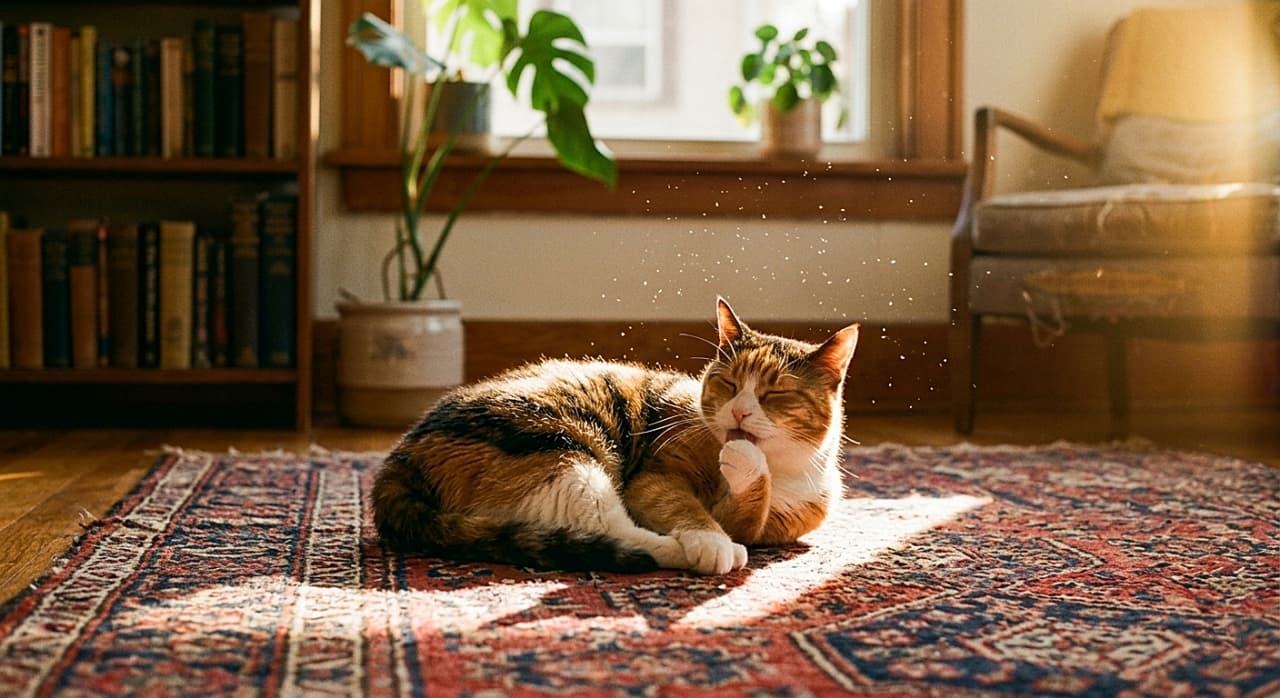 A relaxed Calico cat grooms itself while lying on a vintage patterned rug, bathed in warm, dust-mote-filled sunlight streaming through a window in a cozy living room setting.