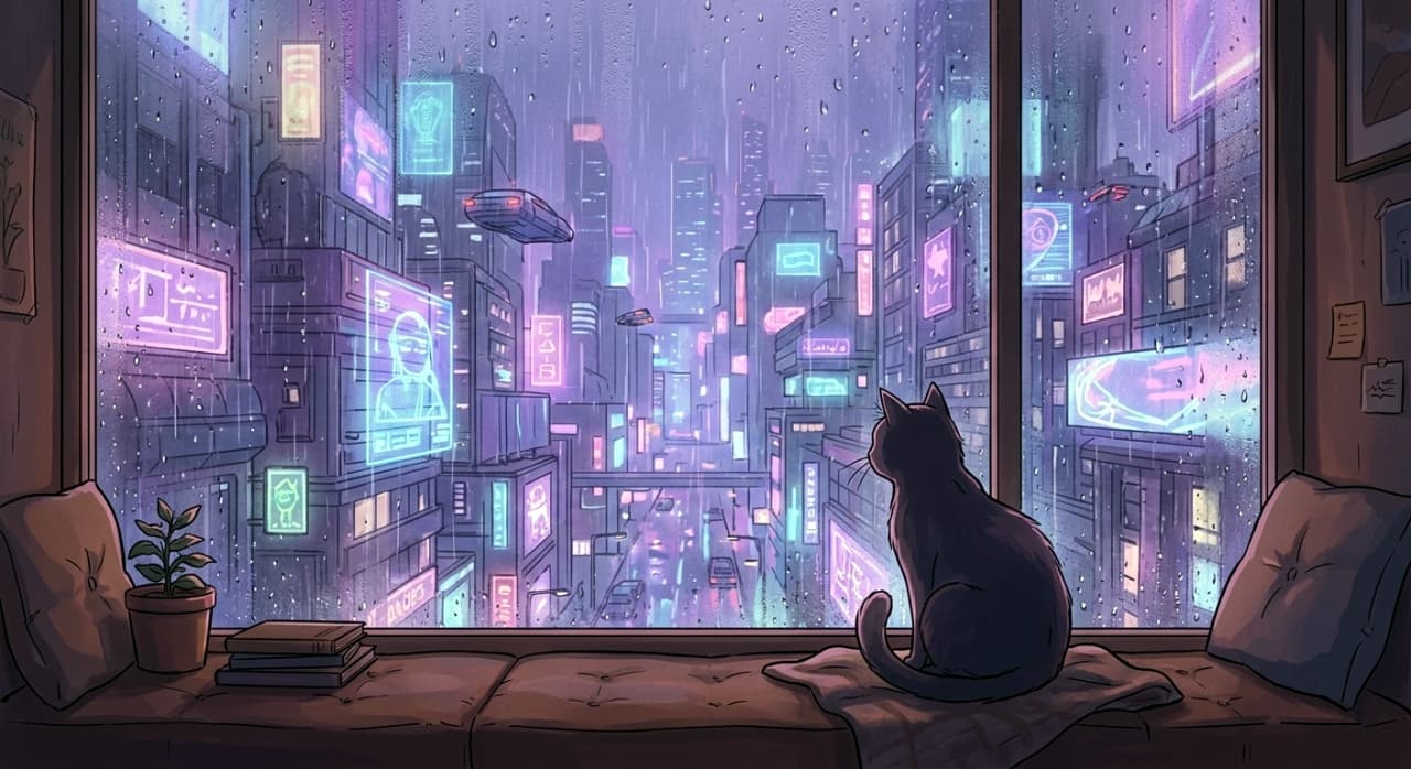 A detailed digital illustration from inside a cozy room, showing a black cat sitting on a cushioned windowsill. The cat looks out a rain-streaked window at a vibrant, purple and blue-lit cyberpunk cityscape at night, filled with neon signs and futuristic flying vehicles.
