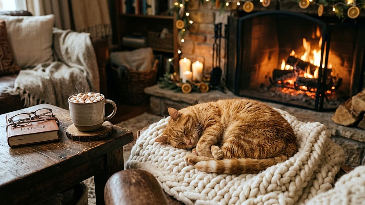 A fluffy orange tabby cat sleeping peacefully curled up on a thick, white chunky knit blanket. The setting is a cozy living room with a crackling stone fireplace in the background emitting a warm glow. In the foreground, a rustic wooden table holds a steaming mug of hot cocoa with marshmallows, a pair of glasses, and a book titled "HYGGE," creating an inviting winter atmosphere.