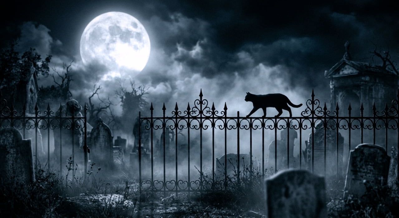 A silhouette of a cat walking gracefully along the top of a decorative wrought-iron cemetery fence. A massive, glowing full moon dominates the dark, cloudy sky, casting a cold blue monochromatic tint over the scene. Thick, volumetric fog rolls between ancient, weathered tombstones, creating an eerie and atmospheric gothic setting.
