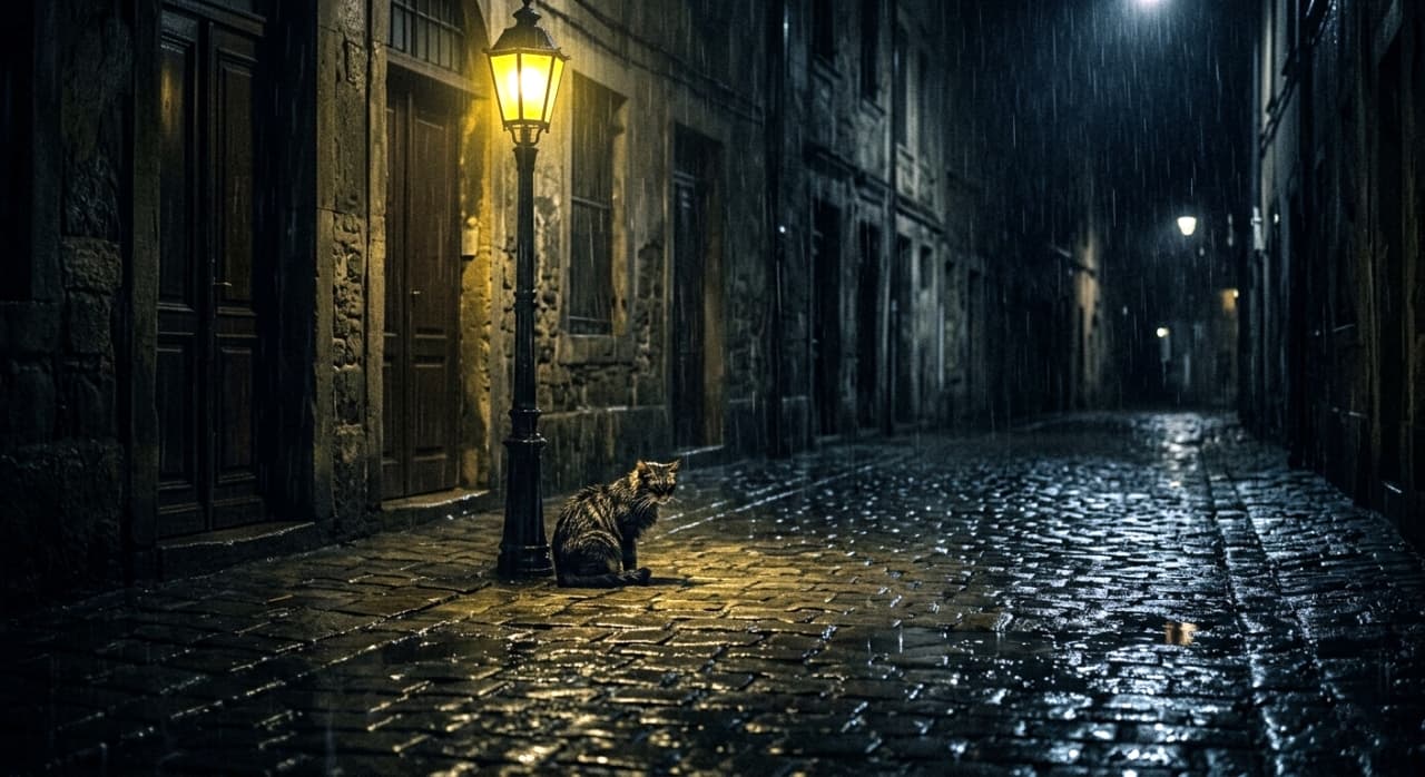 A cinematic, noir-style image of a solitary stray cat sitting on a wet, glistening cobblestone street at midnight. A single flickering yellow streetlamp casts dramatic chiaroscuro lighting and deep shadows across the scene, while heavy rain falls in the deserted, atmospheric alleyway.