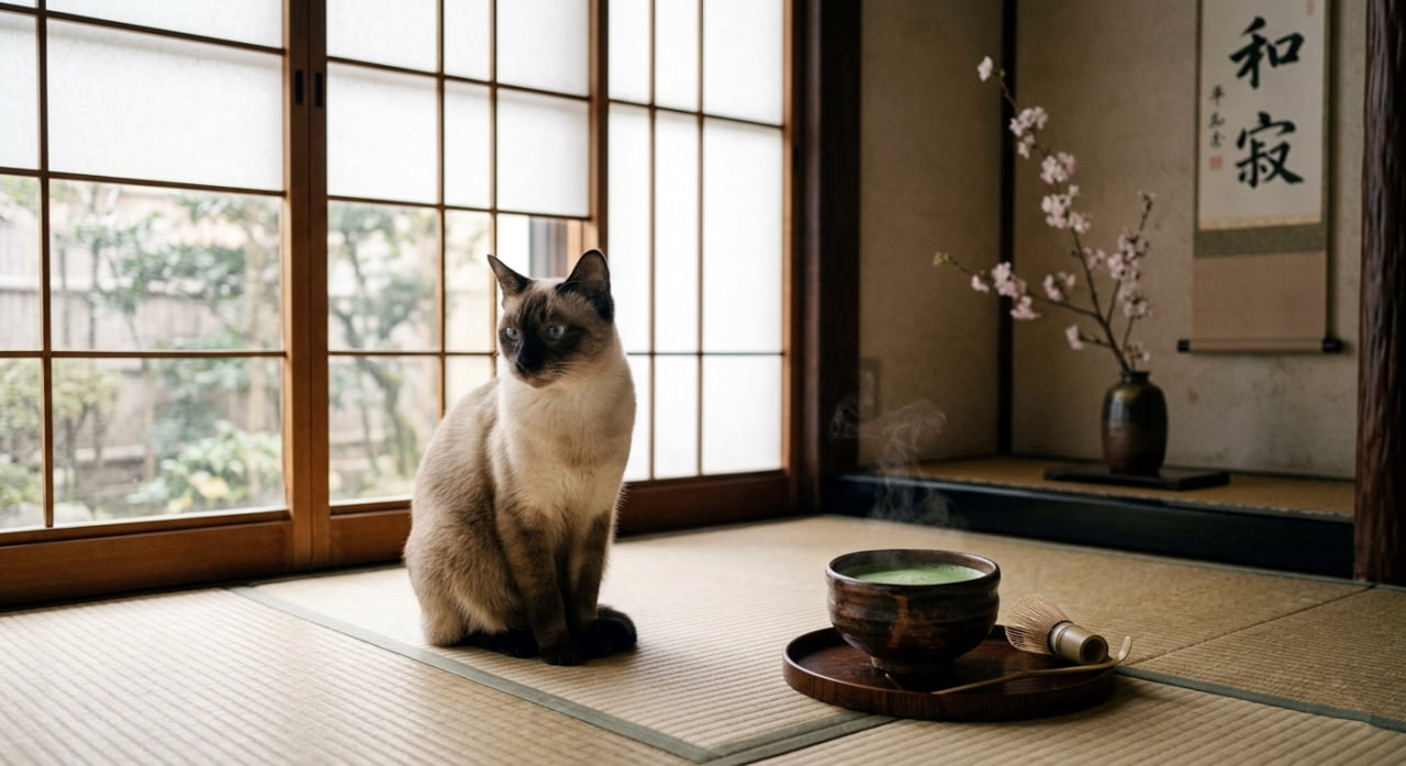 A serene Siamese cat sitting calmly on a tatami mat next to a steaming bowl of matcha green tea. Soft, diffused morning light filters through shoji paper screens, creating a minimalist Zen aesthetic and a peaceful, meditative atmosphere in a traditional Japanese room.