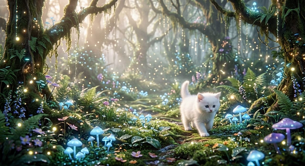 A tiny white kitten walking through an ethereal, misty enchanted forest filled with glowing blue mushrooms and floating fireflies. The scene features a soft fairycore aesthetic with pastel color grading and dreamy, magical lighting.