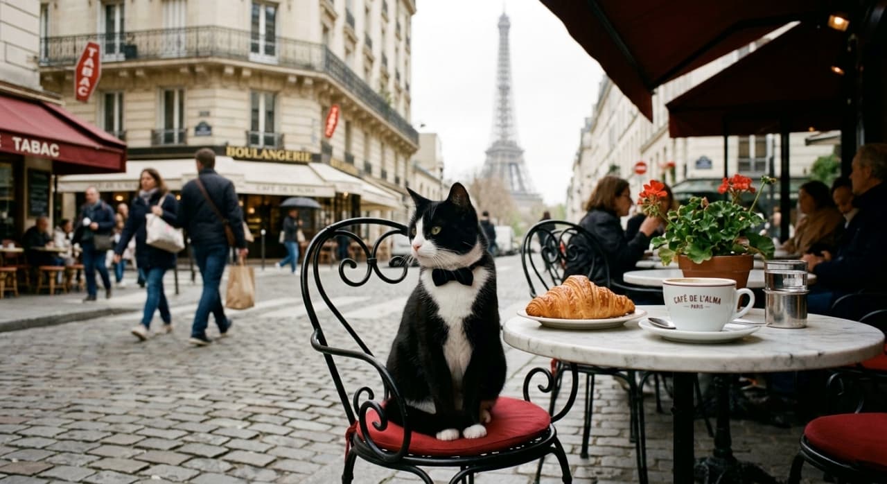 An elegant tuxedo cat wearing a small black bow tie sits poised on a black wrought-iron chair at an outdoor Parisian cafe. On the marble table sits a fresh, flaky croissant and a cup of coffee. The background features a cobblestone street and the Eiffel Tower softly blurred under a gentle, overcast morning light, creating a chic and romantic atmosphere.