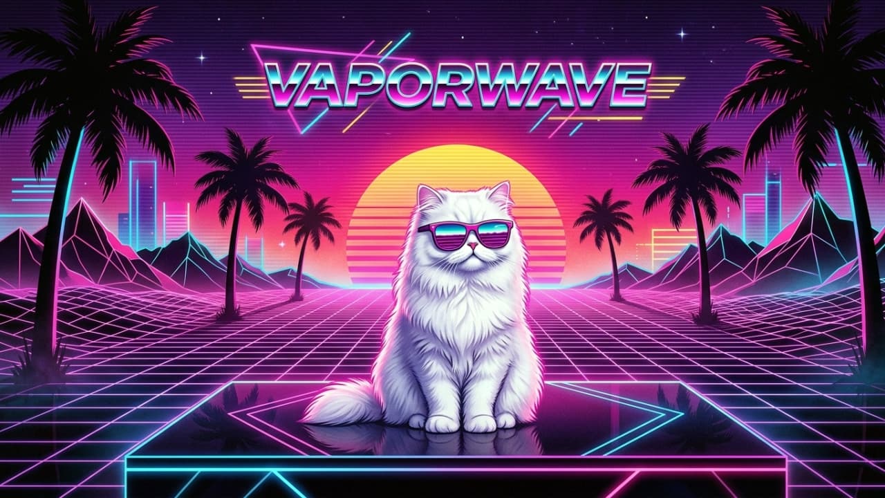A fluffy white Persian cat wearing retro purple-tinted sunglasses, sitting on a neon-lit platform. The background features a glowing pink and purple synthwave sunset, a digital neon grid floor, palm tree silhouettes, and the word "VAPORWAVE" in stylized 1980s-style neon lettering.