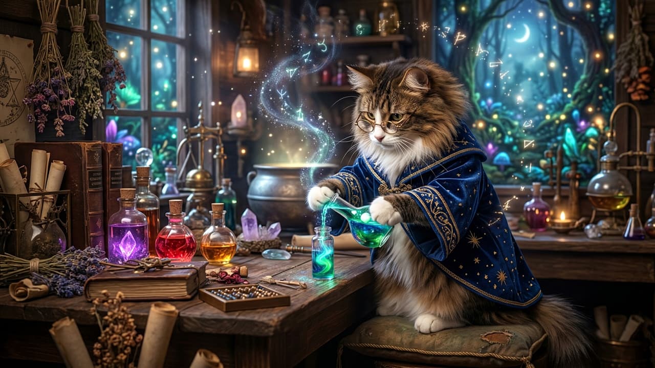 A fluffy Norwegian Forest cat wearing a blue wizard robe and glasses, mixing glowing potions on a cluttered wooden alchemist desk with a mystical forest in the background.